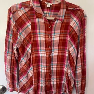Cato Orange Plaid Button-Up Shirt with Frayed Edges - L